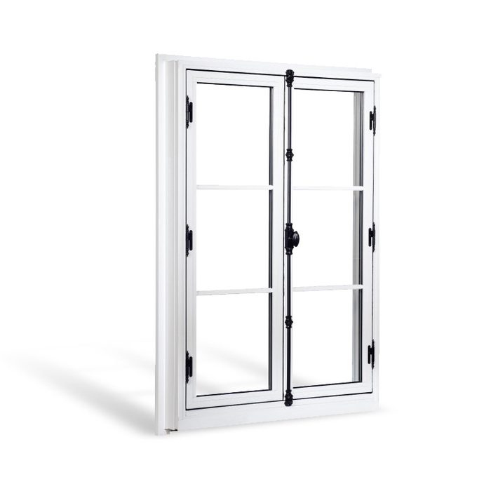 Fenêtre à crémone en PVC blanc, carreaux et poignée noire