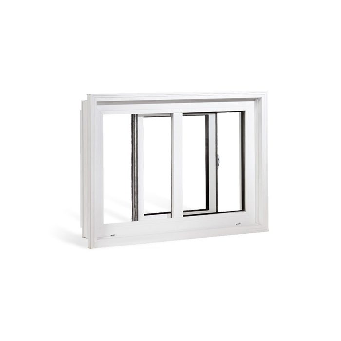 Fenêtre coulissante en PVC blanc, un vantail entrouvert