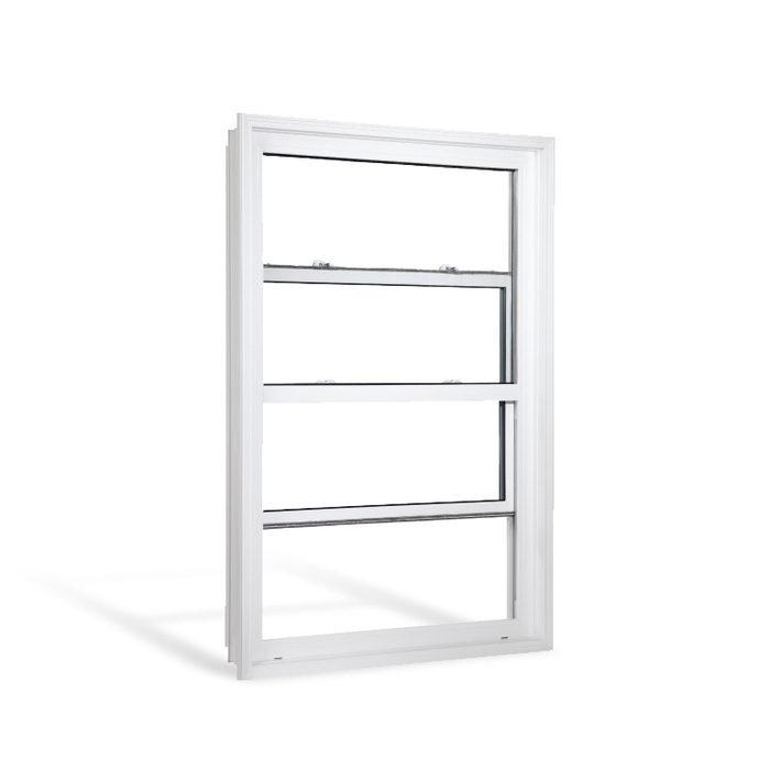Fenêtre à guillotine en PVC blanc, section du bas relevée